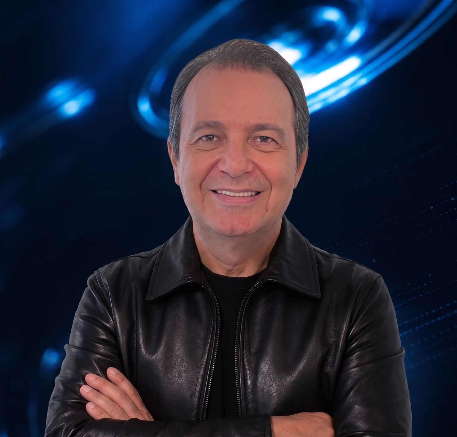 Home foto rag camiseta jaqueta preta fundo tech braço cruzado retrato